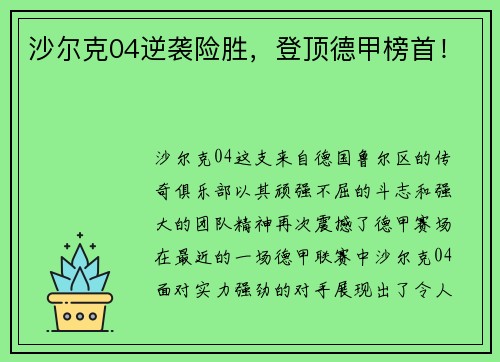 沙尔克04逆袭险胜，登顶德甲榜首！